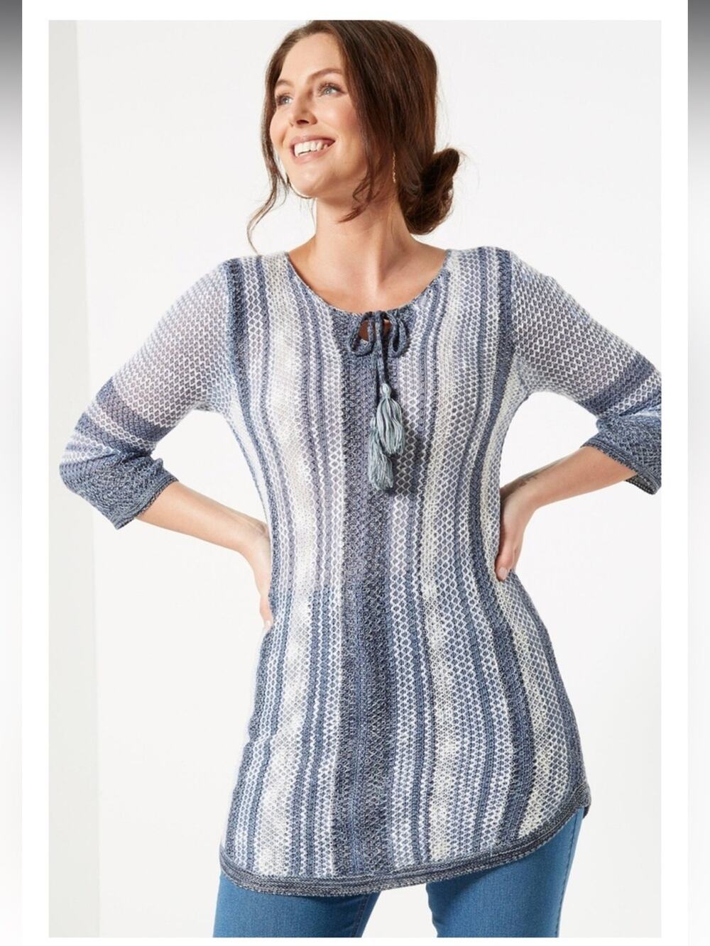 Christopher & Banks Crochet Boho Tunic Top Blue Petite Small
